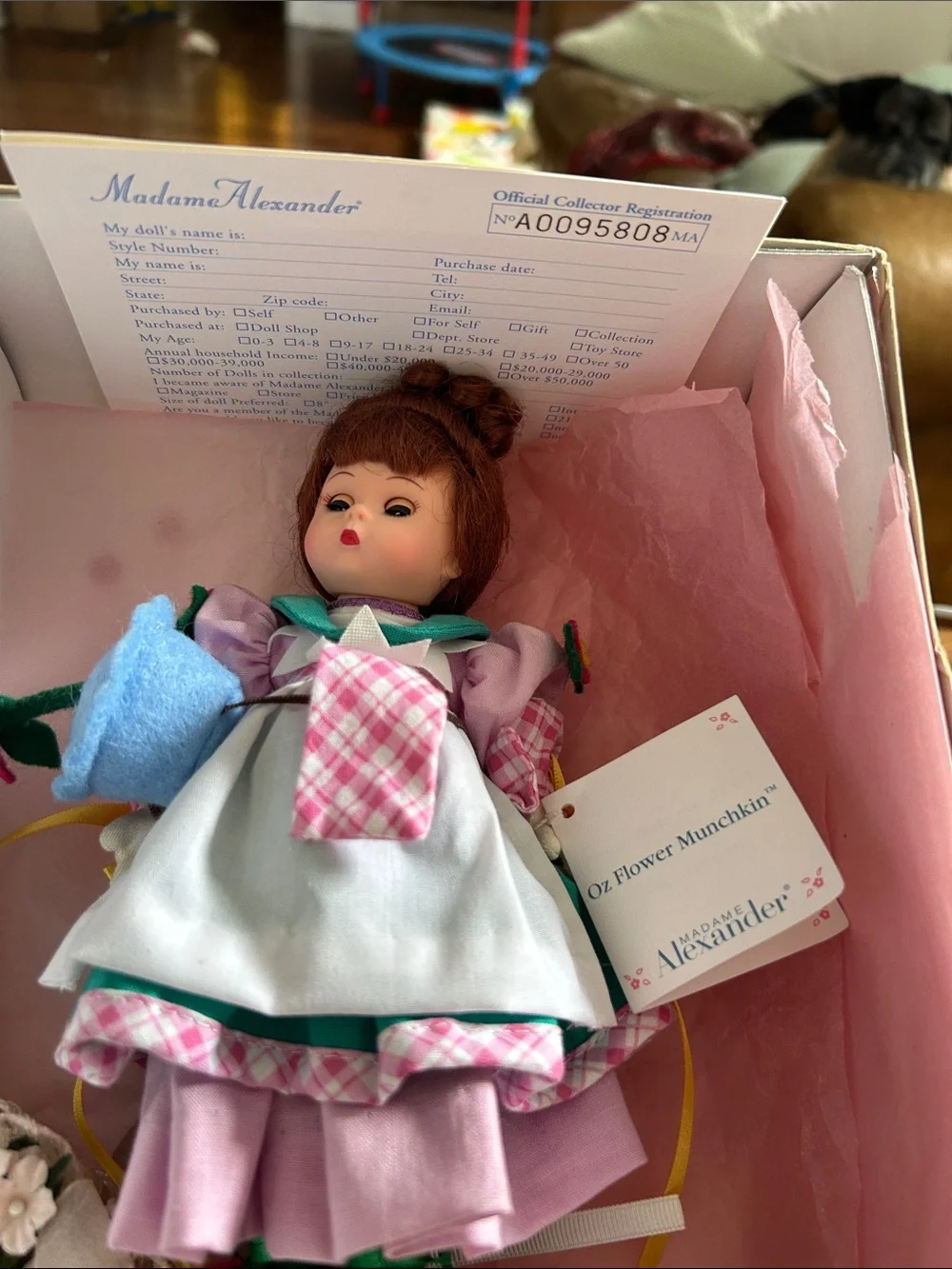 Madame Alexander Pink Plaid Dress Doll with Blue Felt Flower